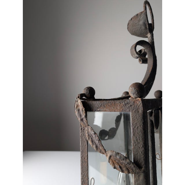 Wrought Iron Lantern with Glass Panels and Foliate Motifs, 1980s For Sale - Image 11 of 18