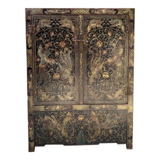 Vintage Chinese Black Lacquer Gilt Painted Cabinet With Phoenix Design For Sale