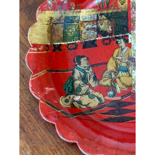 Asian Red Papier Mache Wine Coaster With Scalloped Rim For Sale - Image 3 of 5