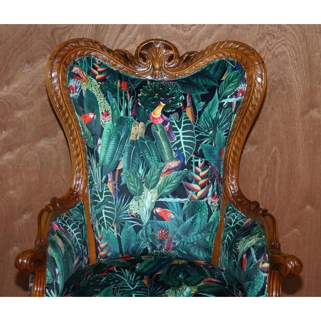 Vintage Italian Carved Walnut Armchair with Birds of Paradise Upholstery For Sale - Image 3 of 17