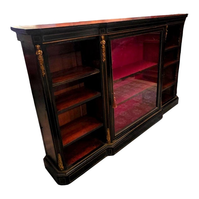 Rare Victorian Ebonized Display Side Cabinet With Clear Glass Door, Gilt Caryatids & Edwards & Roberts Provenance, London, Circa 1870 For Sale