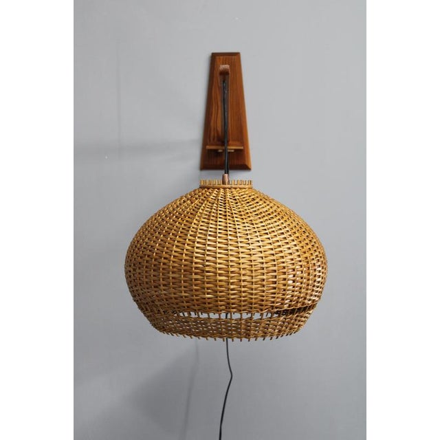 Mid-Century Adjustable Wooden Wall Lamp with Rattan Shade, 1970s For Sale - Image 3 of 13
