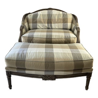 Harden Berger French Louis XVI Style Marquise Silk Plaid Arm Chair & Ottoman For Sale