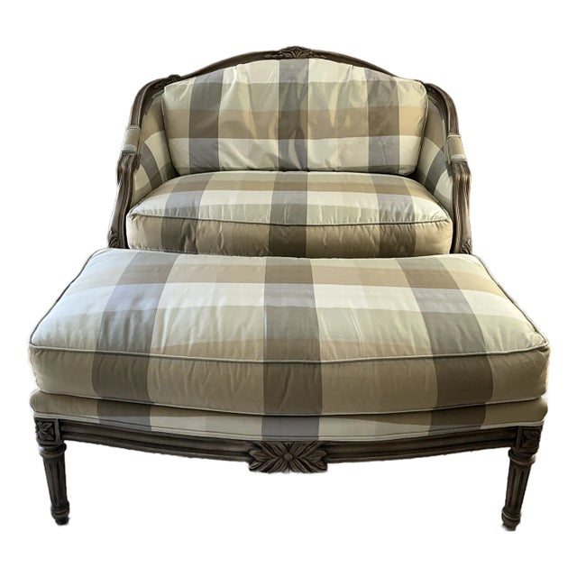 Harden Berger French Louis XVI Style Marquise Silk Plaid Arm Chair & Ottoman For Sale