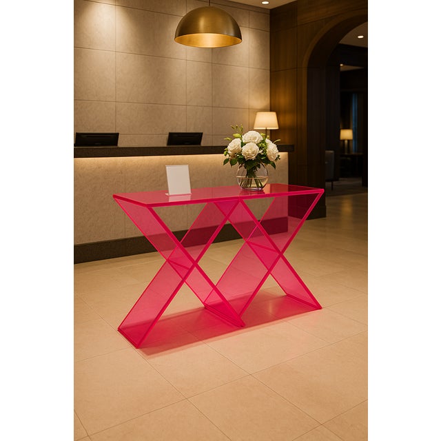 Contemporary Acrylic X Console Table Neon Pink For Sale - Image 3 of 4