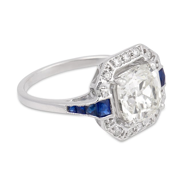 1980s Gia 3.02 Carat Old Mine Cut Diamond Sapphire 18k White Gold Engagement Ring, Size 7 For Sale - Image 4 of 6
