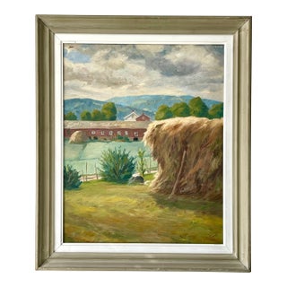 Mid-Century Scandinavian Oil Painting Framed Swedish Farm, 1936 For Sale