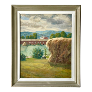 Mid-Century Scandinavian Oil Painting Framed Swedish Farm, 1936