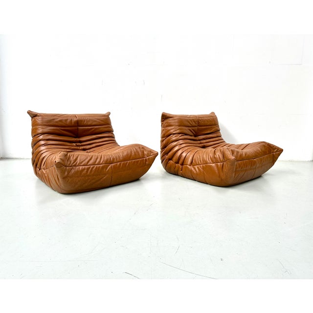 Mid-Century Modern Togo Lounge Chairs in Cognac Cow Leather attributed to Michel Ducaroy for Ligne Roset, Set of 2 For Sale - Image 3 of 13