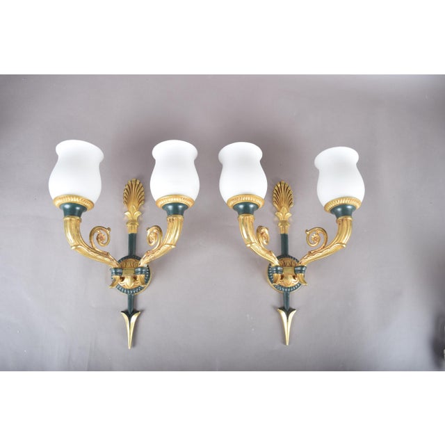 Gilt Bronze Double-Arm Wall Sconces with Frosted Glass Shades, 1950s, Set of 2 For Sale - Image 4 of 18