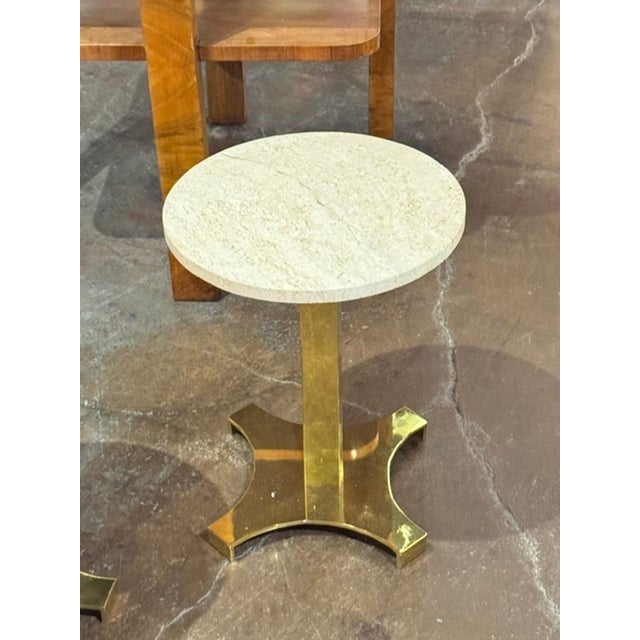 Pair of Italian MCM Brass and Travertine Side Tables For Sale - Image 4 of 7