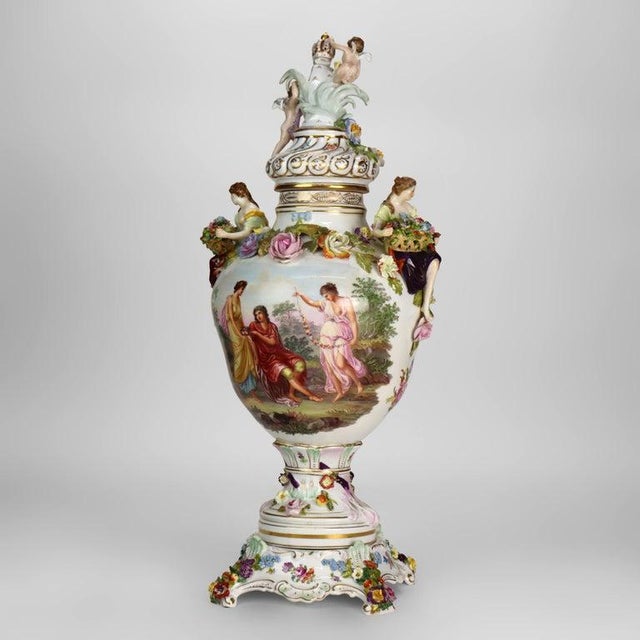 Large German Dresden Figural, Scenic & Floral Lidded Porcelain Palace Urn C1880 For Sale - Image 16 of 18