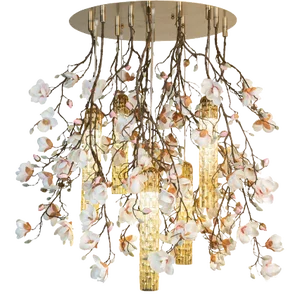Large Round Flower Power Pink-Cream Magnolia Chandelier with 24k Gold Pipes from VGnewtrend, Italy