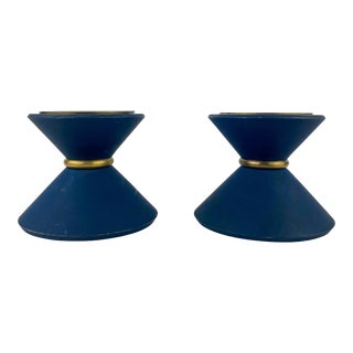 Vintage Brass and Navy Candle Holder Pair For Sale