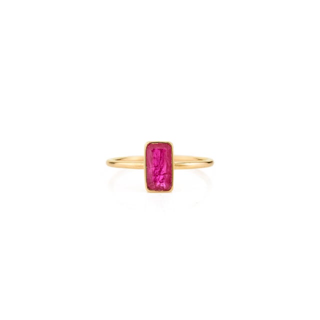 Modern 18k Solid Gold Bezel Set Ruby Baguette Ring Size 5 For Sale - Image 3 of 11