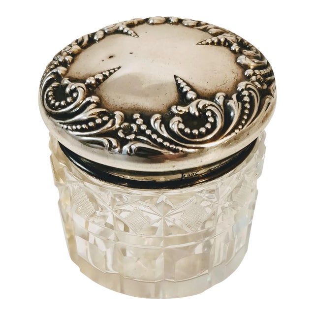 Sterling Silver and Cut Glass Dresser Vanity Jar For Sale