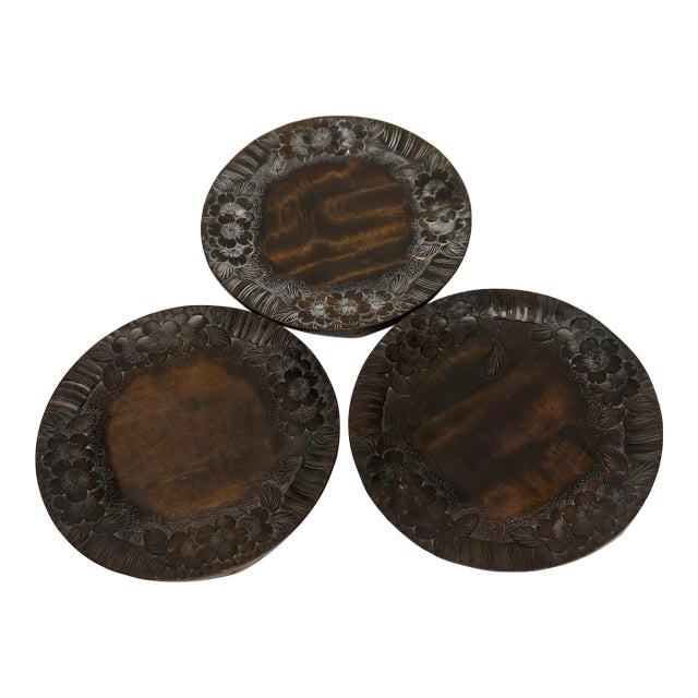 Cherry Blossom Carved Wood Decorative Plates Chargers Trivets Set of 3 For Sale