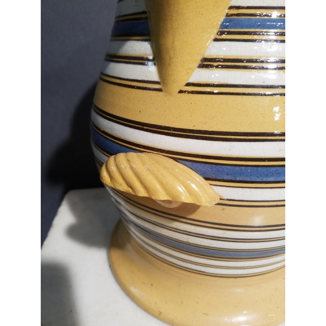 Large Mocha Yellow Ware Jug With Blue, White and Brown Slip Bands and Shell Grip For Sale - Image 4 of 10