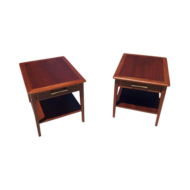 We have for your consideration pair of end tables manufactured by possibly by lane in the 1960s .Tables consists of walnut...