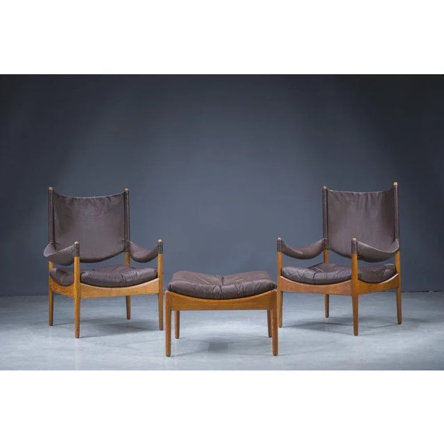 Mid-Century Modern Mid-Century Danish Oak & Leather Lounge Chairs & Ottoman by Kristian Vedel for Søren Wiladsen, 1960s, Set of 3 For Sale - Image 3 of 18