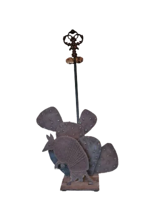 Vintage Western Ranch Style Armadillo, Cactus & Railroad Tie Iron Fireplace Tool Holder