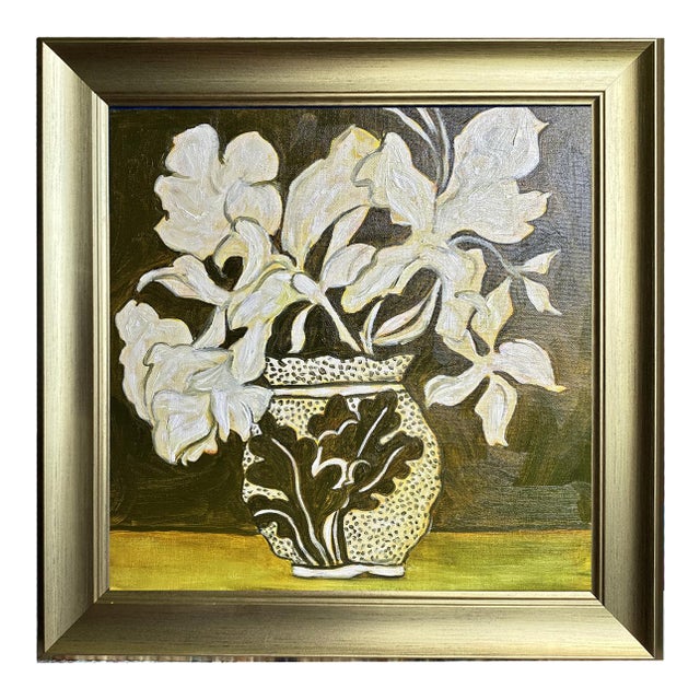 Original Floral Still Life With Ornate Vase, Oil on Canvas in Brushed Gold Frame, 14.5" X 14.5" by Tatiana Duperault For Sale