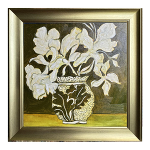 Original Floral Still Life With Ornate Vase, Oil on Canvas in Brushed Gold Frame, 14.5" X 14.5" by Tatiana Duperault