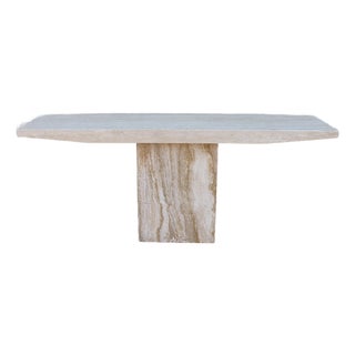 1970s Italian Postmodern Beige Travertine Stone Pedestal Console Table For Sale