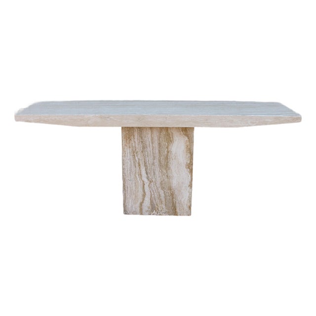 1970s Italian Postmodern Beige Travertine Stone Pedestal Console Table For Sale