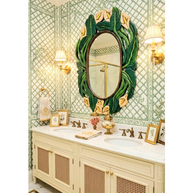 Green Carved Wood Tropical Folk Art Calalily Green Leaf Oval Wall Mirror For Sale - Image 8 of 8