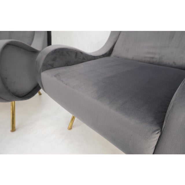 Pair Italian Mid-Century Modern Brass Legs Grey Arm Lounge Chairs For Sale - Image 10 of 17
