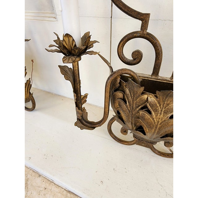 Mediterranean Pair of Gilt Iron Wall Sconces For Sale - Image 3 of 12