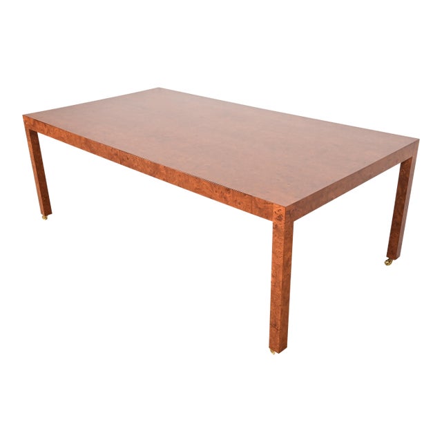 Milo Baughman Style Mid-Century Modern Burl Wood Parsons Dining Table or Executive Desk, Newly Refinished For Sale