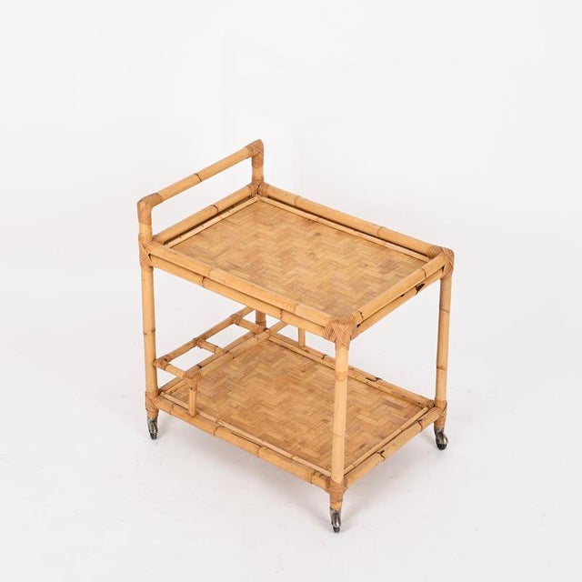 Mid-Century Italian Rectangular Bamboo, Rattan and Wicker Serving Bar Cart, 1960s For Sale - Image 11 of 13