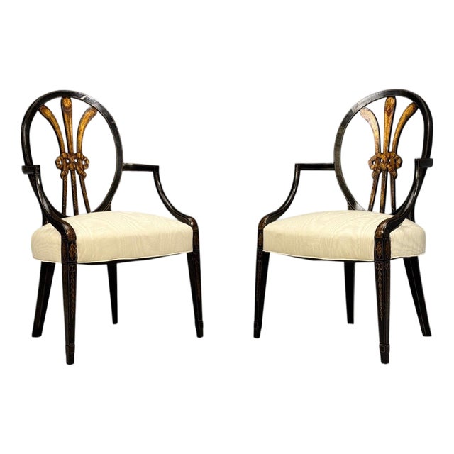 Neoclassical, Prince of Wales Armchairs, Ebonized Wood, Gilt, Silk, Usa, 19th C. For Sale