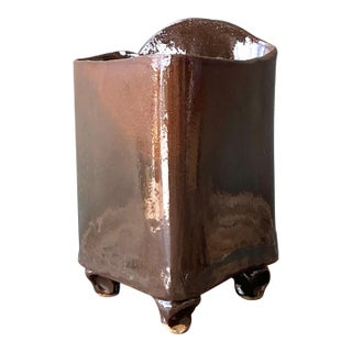 Vintage Handcrafted Brown Pottery Vase For Sale