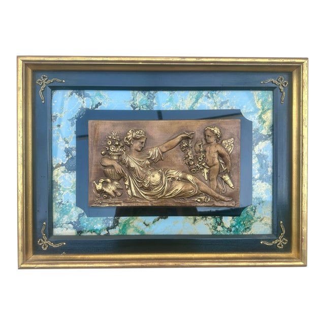 Vintage Bronze Bas Relief Framed Wall Plaque Featuring Woman and Cherub For Sale
