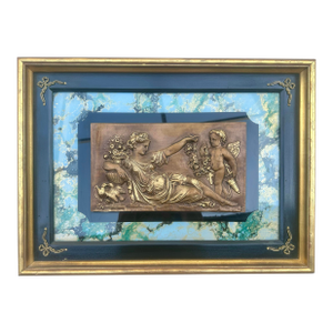 Vintage Bronze Bas Relief Framed Wall Plaque Featuring Woman and Cherub