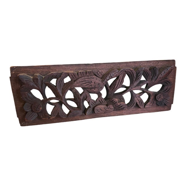 Vintage Wooden Hand Carved Decorative Wall Hanging With Floral Accents For Sale