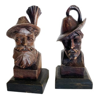 Black Forest German Hans & Adolf Heinzeller Carved Busts, Oberammergau - Set of 2 For Sale