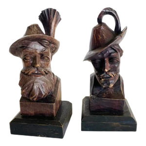 Black Forest German Hans & Adolf Heinzeller Carved Busts, Oberammergau - Set of 2