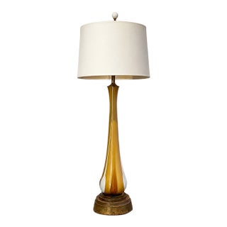Vintage Mid-Century Murano Style Handblown Amber & White Art Glass Table Lamp With Brass Base For Sale