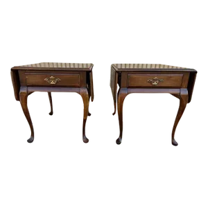 Pair of Vintage Queen Anne Style Solid Cherry Drop Leaf Nightstands End Side - Lamp Tables.