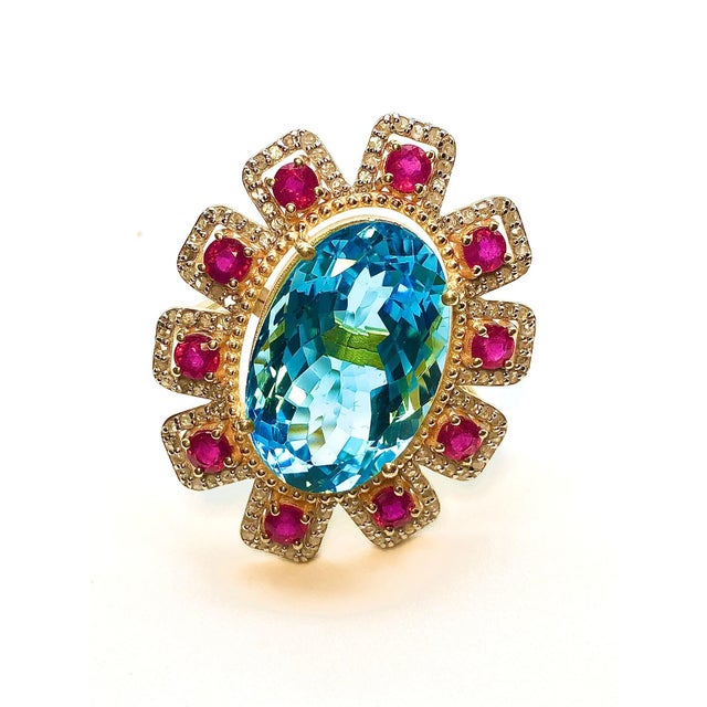 Bochic "Orient" Natural African Ruby, Blue Topaz & Diamond Ring Set 18K Gold & Silver For Sale - Image 4 of 18