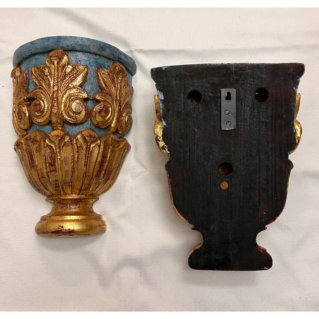 Gold Stunning Vintage Carved Parcel Gilt Wood and Faux Marble Wall Brackets Newly Painted - A Pair For Sale - Image 8 of 9