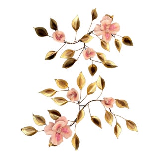 Vintage Mid-Century Brass Wall Sculpture, Dogwood/Magnolia Blossom Branches, Pair For Sale