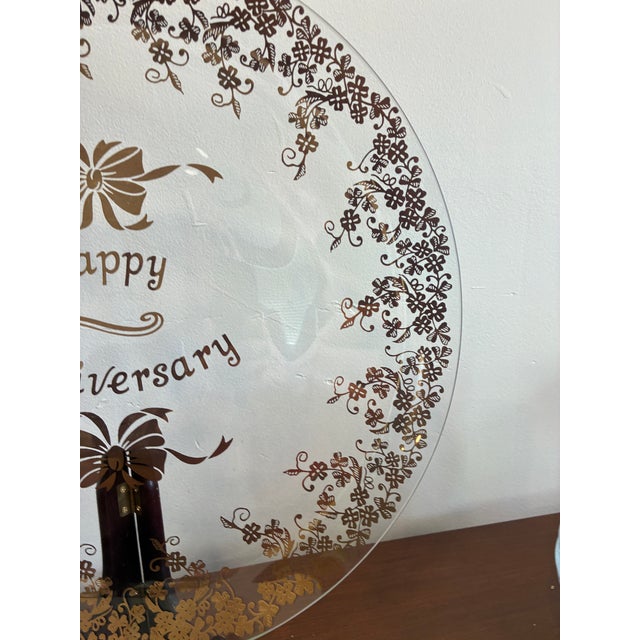 Vintage “Happy Anniversary” Gold Floral Glass Plate and Goblet Set For Sale - Image 4 of 9