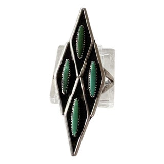 Vintage Sterling Silver, Turquoise, and Black Diamond Shaped Ring For Sale
