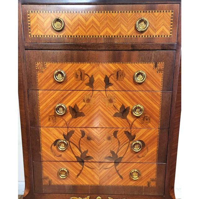 Pair Antique French Louis XV Style Inlaid & Sienna Marble Chest Commodes Signed For Sale - Image 14 of 18