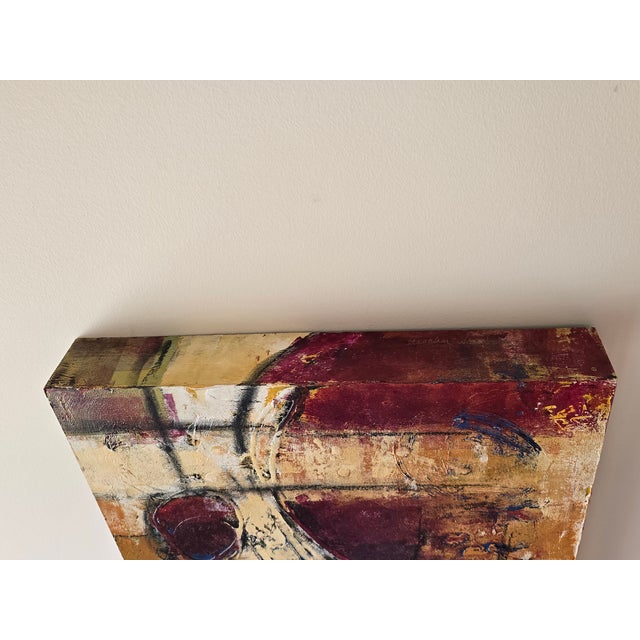 Late 20th Century Signed Contemporary Abstract Mixed Media Canvas Painting in Burgundy & Gold For Sale - Image 4 of 10